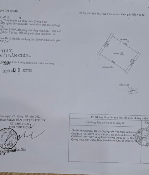Quyền sử dụng đất, quyền sở hữu nhà ở và tài sản khác gắn liền với đất tại thửa đất số 40, tờ bản đồ số 71, diện tích 1750,5m2, địa chỉ: Thôn Mốc Định, xã Hồng Thuỷ, huyện Lệ Thuỷ, tỉnh Quảng Bình