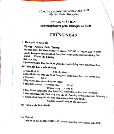 Quyền sử dụng đất và tài sản gắn liền với đất tại thửa đất số 217, tờ bản đồ số 3, địa chỉ thửa đất: thôn Cồn Sẻ, xã Quảng Lộc, thị xã Ba Đồn, tỉnh Quảng Bình (nay là thôn Cồn Sẻ, xã Nam Gianh, tỉnh Quảng Trị)
