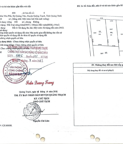 Quyền sử dụng đất và tài sản gắn liền với đất đối với thửa đất số 400, tờ bản đồ số 04 (nay là thửa đất số 510, tờ bản đồ số 8) tại thôn Văn Phú, xã Quảng Văn, thị xã Ba Đồn, tỉnh Quảng Bình (nay là thôn Văn Phú, xã Nam Gianh, tỉnh Quảng Trị)